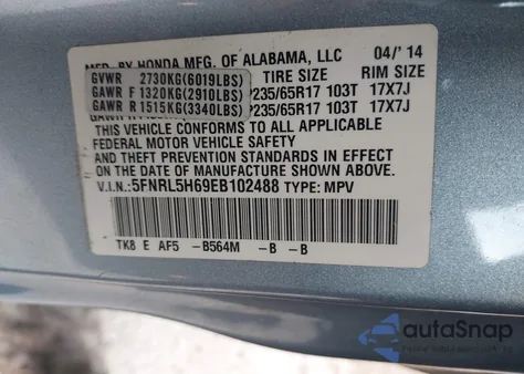 2014 Honda Odyssey Ex-L from USA, damaged, VIN 5FNRL5H69EB102488